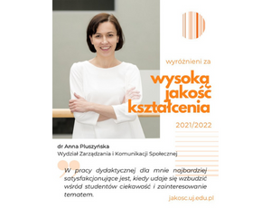 Dr Anna Pluszyńska z wyróżnieniem za wysoką jakość dydaktyki.