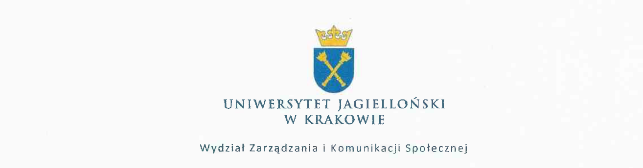 centralnie Herb UJ, a pod nim Uniwersytet Jagielloński i Wydział Zarządzania i Komunikacji Społecznej